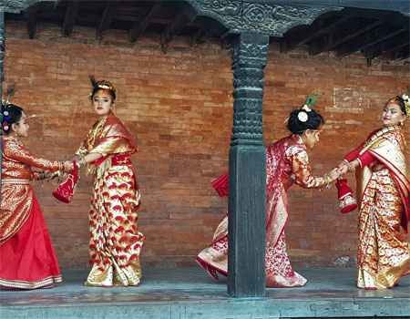 girls with traditional dresses in bhaktapur nepal