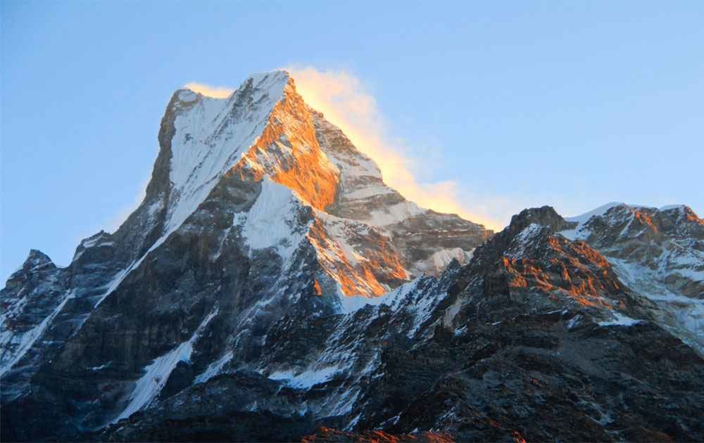 mt. fishtail and mardi himal with the first sunlight in the morning on short mardi himal trek - 3 days